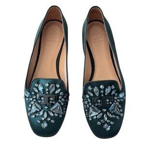 Tory Burch Green Satin Delphine Crystal Embellished Smoking Slipper Flats